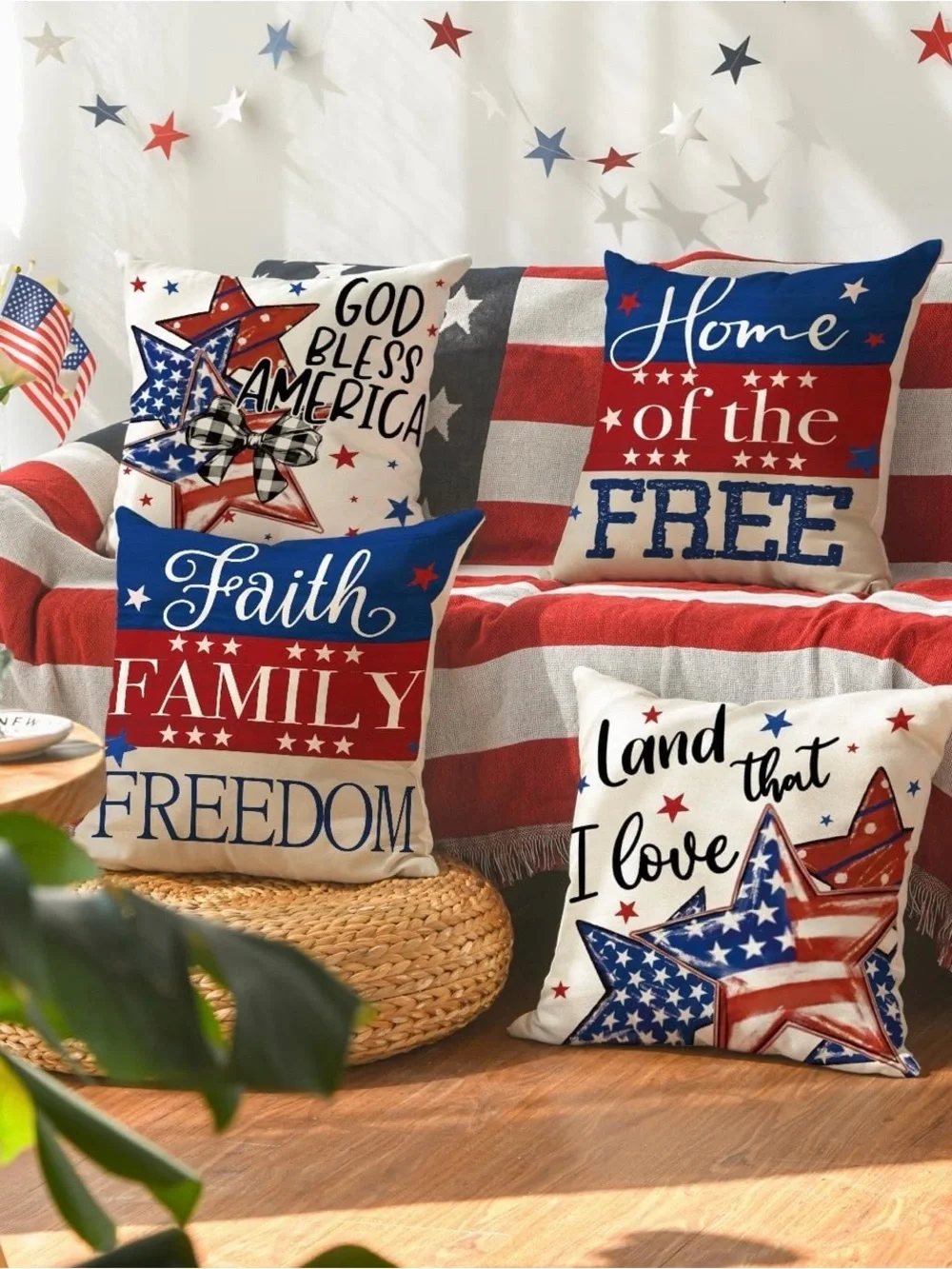 Patriotic Stars & Stripes Holiday Throw Pillow Cover Set - Red White Blue